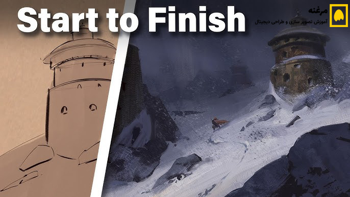 آموزش نقاشی دیجیتال حماسی از منظره کوهستانی برفی