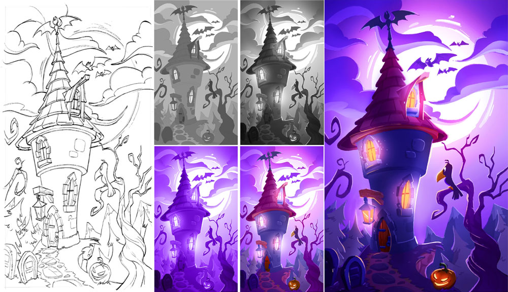 آموزش رنگ آمیزی دیجیتال یک برج ترسناک