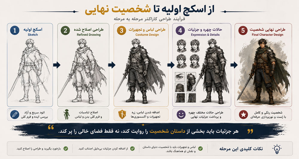 طراحی اسکچ، لباس و جزئیات شخصیت